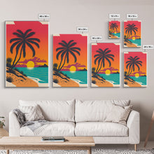 Carregar imagem no visualizador da galeria, Framed Canvas Print - Art Deco Sunset, Beaches, Minimalist Palm trees - Island Vibes - Retro Tropical Art - Pop Art Beach Decor
