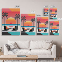 Cargar imagen en el visor de la galería, Framed Canvas Print - Art Deco Sunset, Minimalist Beach, Palm Trees, Retro Style, Synthwave, Vaporwave, Minimalist Abstract Decor