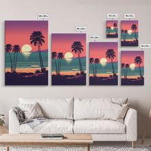 Carregar imagem no visualizador da galeria, Framed Canvas Print - Art Deco Sunset, Palm Trees, Synthwave Vibes, Beach Decor, Vaporwave Pink Art, Miami Vibes