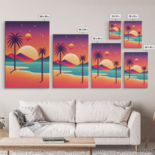 Carregar imagem no visualizador da galeria, Framed Canvas Print | Art Deco Sunset | Retro Style | Palm Trees | Island Vibes | Desert Pyramids and Palm Trees | Desert Art