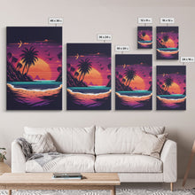 Carregar imagem no visualizador da galeria, Framed Canvas Print - Pop Art Style Beach at Sunset with Palm Trees - Retro Style - Living Room / Office / Bedroom Wall Art