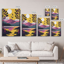 Load image into Gallery viewer, Colorful Pop Art Picture of a Mountain and Forest Landscape, Framed Canvas Print, Surrealist High Contrast Cel Shaded Landscape Art