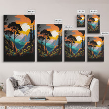 Load image into Gallery viewer, Colorful Pop Art Picture of a Mountain and Forest Landscape, Framed Canvas Print, Surrealist High Contrast Cel Shaded Landscape Art