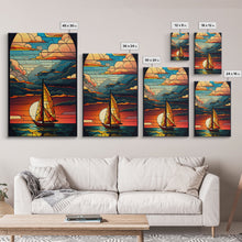 Load image into Gallery viewer, Art Deco Wall Art, Sailboat and Sunset Framed Canvas Print, Art Deco / MCM Wall Art, Stained Glass Reflections