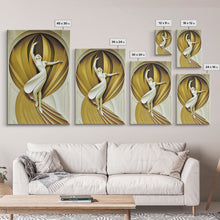 Cargar imagen en el visor de la galería, Art Deco Sculpture Canvas Print, Framed Wall Art, 1930s Inspired Retro Art, White and Gold Ballerina