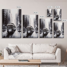 Carregar imagem no visualizador da galeria, Brooklyn Street Car Trolley, Framed Canvas Print, Retro Charcoal Drawing of NYC in The Rain