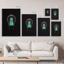 Carregar imagem no visualizador da galeria, 3D Light Bulb Wall Art, Neon Lights Art, Teal, Pink, Minimalist Print, Wall Decor, Canvas Print, Wall Art, Framed Canvas