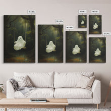 Load image into Gallery viewer, Cute Little Boo Playground Ghost, Funny Halloween, Vintage Halloween Canvas, Framed Canvas Print, Cute Wall Art, Ghost On A Swing, Macabre