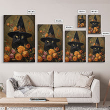 Carregar imagem no visualizador da galeria, Cute Witch's Familiar Cat Halloween Art, Cat Witch, Cat Painting, Cute Cat Print, Halloween Decor, Black Cat Print, Framed Canvas / Canvas