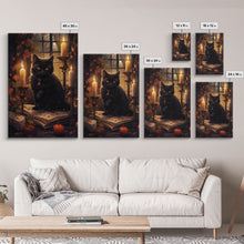 Load image into Gallery viewer, Black Cat Art, Framed Canvas Print, Halloween Canvas Print, Goth Art, Dark Academia, Fall Decor, Witchy Vibes