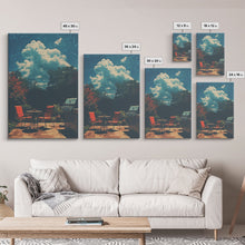 Load image into Gallery viewer, Back Yard Chillin', Summer Vibes, Framed Canvas Print, Retro Midcentury Modern BBQ Art, BBQ During An Eclipse, Liminal Art, Minimalist MCM