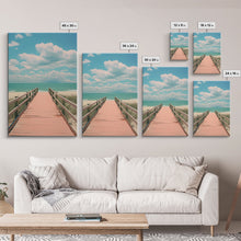 Load image into Gallery viewer, Beach Boardwalk, Vaporwave Summer Vibes, Framed Canvas Print, Retro Midcentury Modern Art, Liminal Art, Minimalist MCM Lakehouse Art