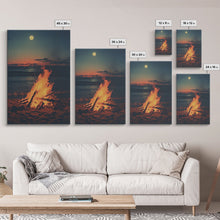 Load image into Gallery viewer, Beach Campfire Under A Full Moon, Photography Print, Framed Canvas Print, Beach House Decor, Coastal Decor, Beach Print, Beach Art