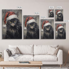 Cargar imagen en el visor de la galería, Christmas Cat In His Christmas Hat, Framed Canvas Print, Holiday Decor, Framed Canvas Print, Seasonal Wall Art