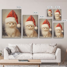 Carregar imagem no visualizador da galeria, Cute White Kitten In A Christmas Hat, Farmhouse Christmas, Farmhouse Decor, Framed Canvas Print Seasonal Wall Art Winter Decor Christmas Art