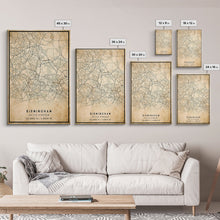 Load image into Gallery viewer, Birmingham UK map print poster or framed canvas, England map print poster canvas, UK city map print poster canvas, Vintage Travel Art