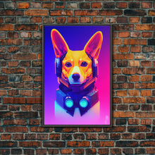 Load image into Gallery viewer, Cyberpunk Corgi Portrait, Futuristic Corgi, Framed Canvas Print, Ready To Hang Framed Wall Art, Living Room Wall Hanging