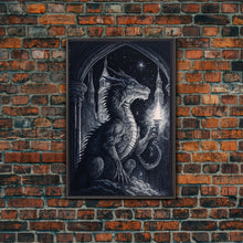 Load image into Gallery viewer, Black and white fantasy dragon, framed canvas print