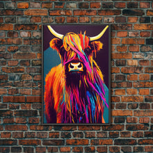 Cargar imagen en el visor de la galería, Colorful farmhouse art, Highland cow, Scotland cattle, framed canvas print