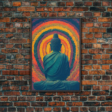Cargar imagen en el visor de la galería, Colorful rainbow Buddha facing a ring of flowers, framed canvas print, yoga studio art