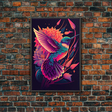 Load image into Gallery viewer, Beautiful Retro-Wave Humming Bird, framed canvas print, Colorful farmhouse wall art