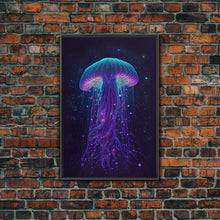 Carregar imagem no visualizador da galeria, Bioluminescent Jellyfish against a Starry night sky, Cosmic Jelly Fish, Framed Canvas Print, synthwave style art