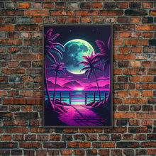 Carregar imagem no visualizador da galeria, Full Moon over a Florida Beach, Palm Trees, Outrun Style Beach Landscape art, framed canvas Print