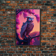 Load image into Gallery viewer, Cyberpunk Robot Owl, framed canvas print, Cybernetic android owl art, vaporwave aesthetic futuristic art