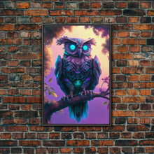 Load image into Gallery viewer, Cyberpunk Robot Owl, framed canvas print, Cybernetic android owl art, vaporwave aesthetic futuristic art
