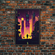 Load image into Gallery viewer, Cyberpunk art, Retrowave style dystopian cityscape art, game room art, framed canvas print, retro wave city skyline