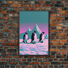 Load image into Gallery viewer, Retrowave Penguins in the Arctic, synthwave style wall art, Antarctica art, framed canvas print, cute animal prints