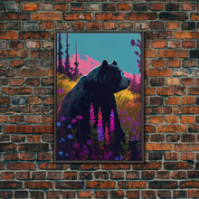 Load image into Gallery viewer, Cute brown bear stopping to smell the flowers, animal prints, framed canvas print, colorful unique wall art