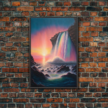 Carregar imagem no visualizador da galeria, A Mythical Waterfall and Rainbow pouring Into the ocean blue at sunset, framed canvas print