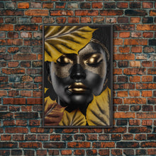 Load image into Gallery viewer, Beautiful Woman Art Framed Canvas Print Black Gold Woman Wall Art Lady Print, Gold Face Leaves Palm decor ready to hang Ethnic girl portrait