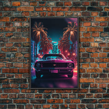 Load image into Gallery viewer, American Muscle Car on Sunset Strip, Retro Synthwave Art, Framed Canvas Print, Gift For Him, Muscle Car Art