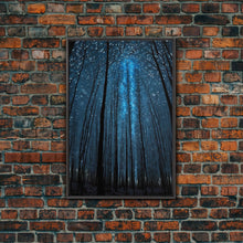 Load image into Gallery viewer, Birch Tree Forest At Night, Starry Night Sky, Framed Canvas Print, Boho Minimalist Farmhouse Decor, Primitive Art