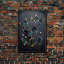 Load image into Gallery viewer, Blue Butterflies Canvas Print Wall Art, Blue and Gold Butterfly Canvas Painting, Butterfly Wall Decor, Home Gift, ready to hang decor