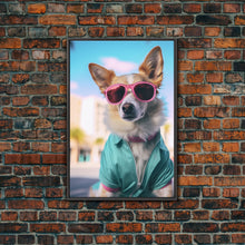 Cargar imagen en el visor de la galería, Corgi Wall Print, Dog Wall Art, Dog Sunglasses, Teal Shirt, Funny Wall Art, Framed Wall Art, Framed Canvas, Wall Print, Wall Canvas