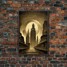 Load image into Gallery viewer, Dystopian Metropolis Art Deco Canvas Print, City Skyline, Fantasy Art, Art Deco Living Room Art, ready to hang wall art