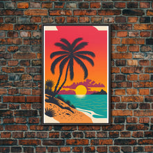 Carregar imagem no visualizador da galeria, Framed Canvas Print - Art Deco Sunset, Beaches, Minimalist Palm trees - Island Vibes - Retro Tropical Art - Pop Art Beach Decor