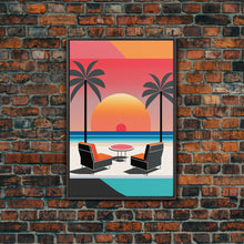Cargar imagen en el visor de la galería, Framed Canvas Print - Art Deco Sunset, Minimalist Beach, Palm Trees, Retro Style, Synthwave, Vaporwave, Minimalist Abstract Decor