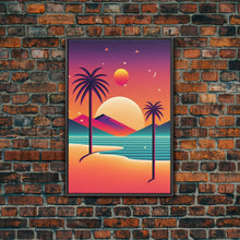Carregar imagem no visualizador da galeria, Framed Canvas Print | Art Deco Sunset | Retro Style | Palm Trees | Island Vibes | Desert Pyramids and Palm Trees | Desert Art