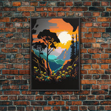 Load image into Gallery viewer, Colorful Pop Art Picture of a Mountain and Forest Landscape, Framed Canvas Print, Surrealist High Contrast Cel Shaded Landscape Art