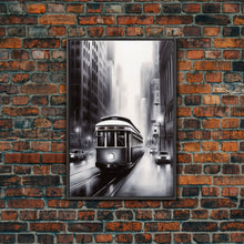 Carregar imagem no visualizador da galeria, Brooklyn Street Car Trolley, Framed Canvas Print, Retro Charcoal Drawing of NYC in The Rain