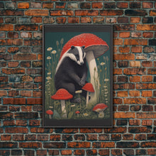 Carregar imagem no visualizador da galeria, Badger Wall Decor, Cute Badger, Mushrooms Wall Decor, Animal Wall Art, Wall Decor, Canvas Print, Wall Art, Framed Canvas