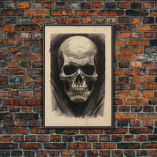 Cargar imagen en el visor de la galería, Charcoal Drawing, Human Skull, Gothic Art Print, Spooky Decor, Canvas Print, Wall Art, Vertical Art, Gaming Wall Decor, Office Wall Decor