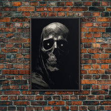 Carregar imagem no visualizador da galeria, Glowing Eyes Grim Reaper, Spooky Halloween Canvas Art, Framed Canvas Print, Halloween Wall Decor, Skull Portrait