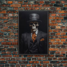 Load image into Gallery viewer, Spooky Skeleton Business Man, Halloween Art, Framed Canvas Print, Halloween Canvas, Skeleton Painting, Victorian Gothic Decor