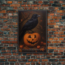 Load image into Gallery viewer, Crow Atop A Jack O Lantern, Framed Canvas Print, Halloween Decor, Raven Painting, Victorian Oil Painting Print, Macabre Horror Print