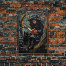 Load image into Gallery viewer, Cute Witch Reading Spells To Her Black Cat Familiar, Vintage Halloween Art, Framed Canvas Print, Halloween Canvas Art, Witchcraft